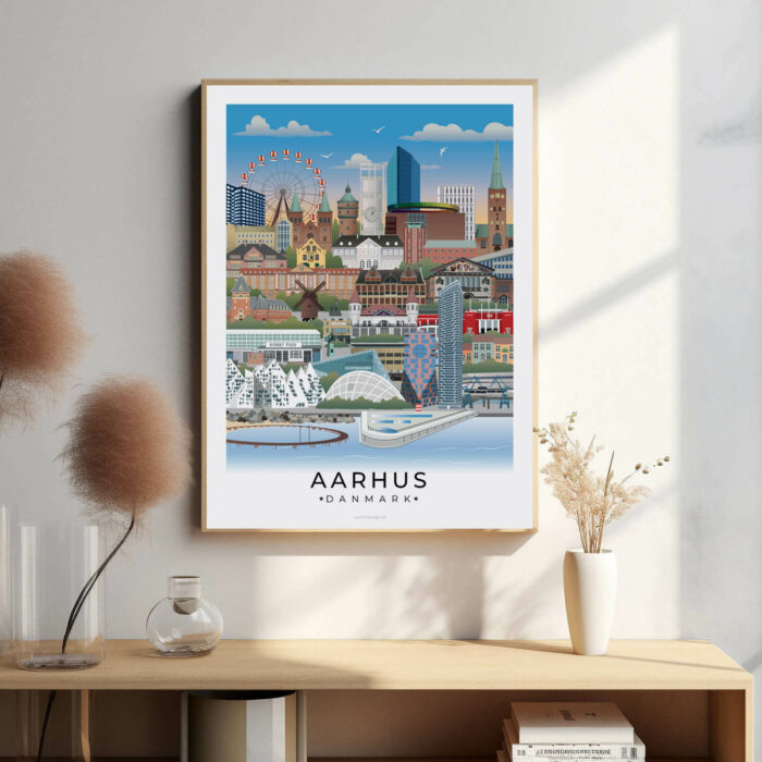 Aarhus bybillede plakat, der fremhæver byens ikoniske vartegn som Aros, Den Gamle By og den livlige havnefront.