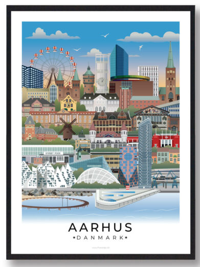 Plakat af Aarhus, der viser byens pulserende atmosfære med hyggelige gader, smukke parker og den imponerende skyline ved havnen.