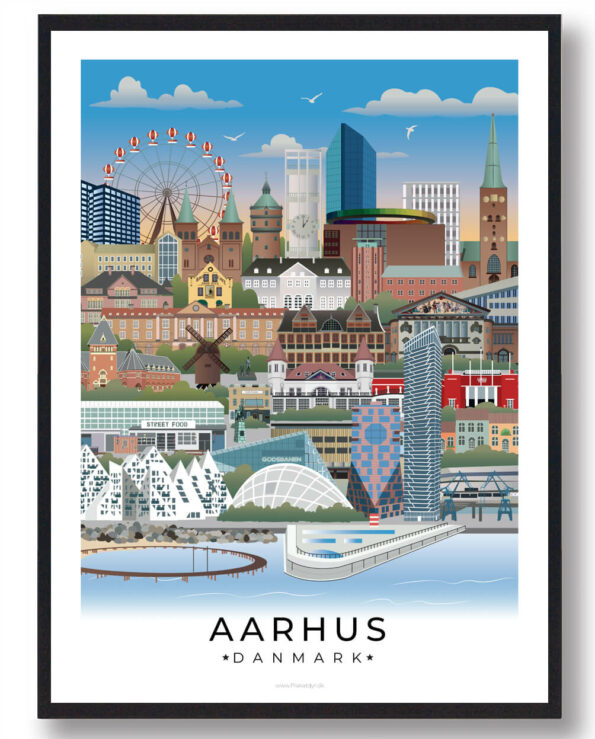Plakat af Aarhus, der viser byens pulserende atmosfære med hyggelige gader, smukke parker og den imponerende skyline ved havnen.
