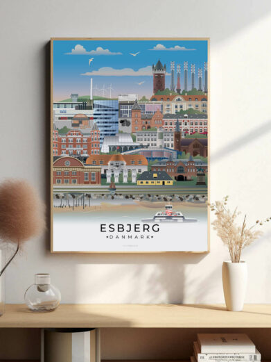 Esbjerg bybillede plakat, der fremhæver byens historie, den travle havn og de moderne bygninger, der udgør byens skyline.