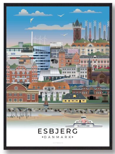 Denne Esbjerg plakat fanger byens dynamik med en kombination af havn, moderne arkitektur og de naturskønne omgivelser langs kysten.