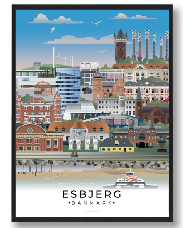 Denne Esbjerg plakat fanger byens dynamik med en kombination af havn, moderne arkitektur og de naturskønne omgivelser langs kysten.