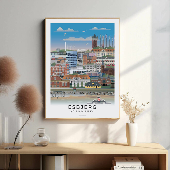 Esbjerg bybillede plakat, der fanger byens maritime charme med havnen, de moderne bygninger og den imponerende Vesterhavs udsigt.