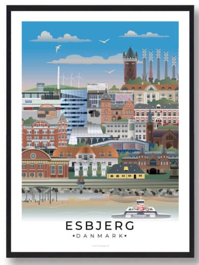 Plakat af Esbjerg, der viser byens ikoniske vartegn som Fiskeri- og Søfartsmuseet og de fantastiske kystlinjer langs Vesterhavet.