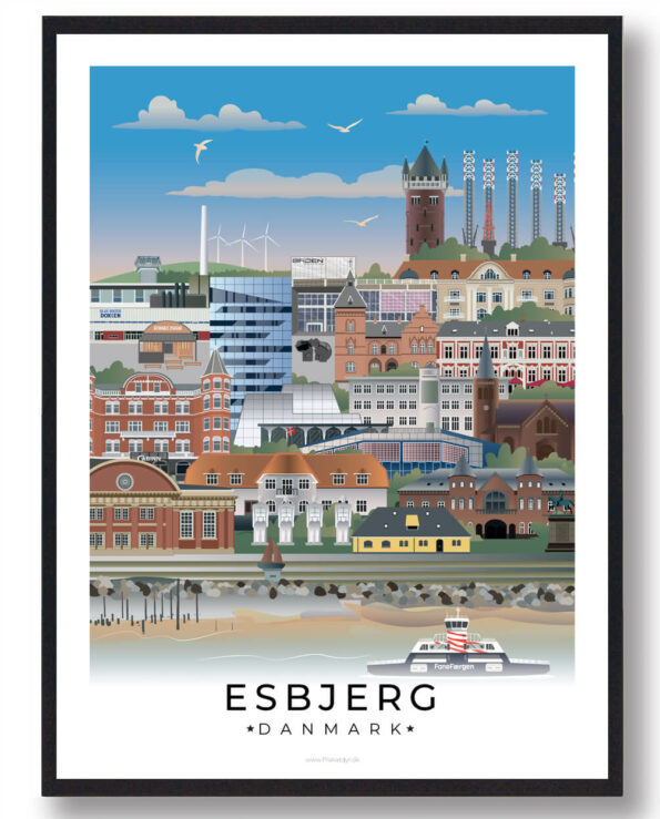Plakat af Esbjerg, der viser byens ikoniske vartegn som Fiskeri- og Søfartsmuseet og de fantastiske kystlinjer langs Vesterhavet.