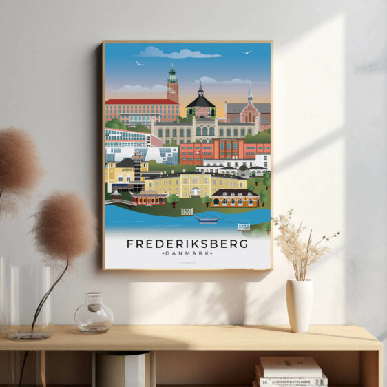 Denne Frederiksberg plakat fanger den smukke blanding af historiske bygninger, frodige haver og de moderne caféer, der pryder byens gader.