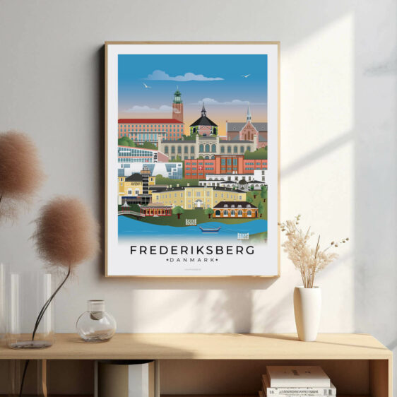 Frederiksberg bybillede plakat, der fremhæver byens elegante arkitektur, grønne parker og den livlige atmosfære i byens centrum.