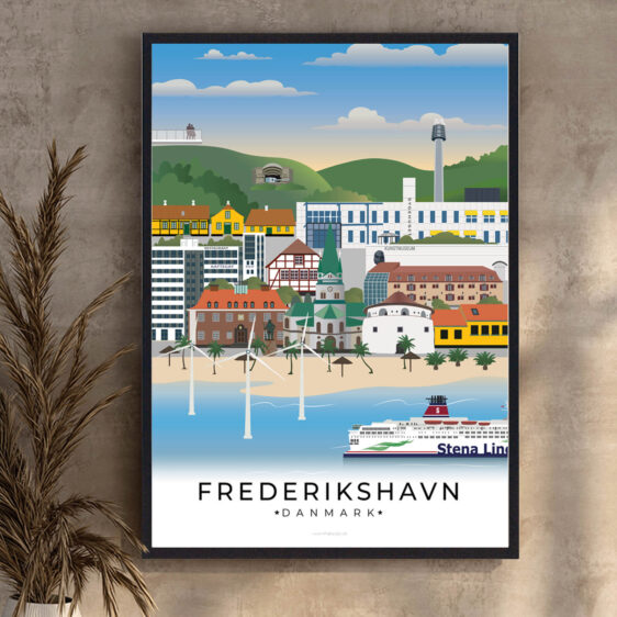 Frederikshavn plakat, der viser den historiske bydel, den travle havn og den naturlige skønhed langs stranden og skovene omkring byen.