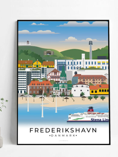 Denne Frederikshavn plakat fanger byens livlige havn, de gamle bygninger og den smukke udsigt til Kattegat og de omkringliggende landskaber.