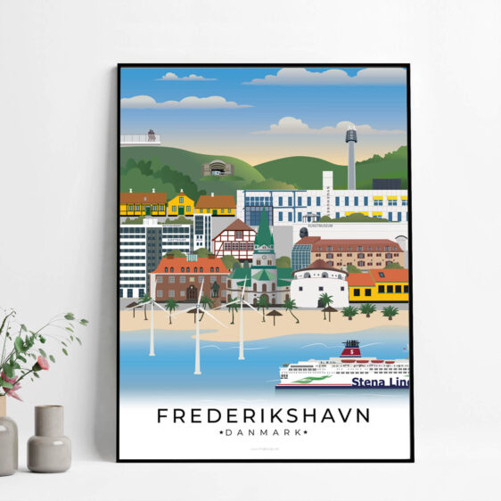 Denne Frederikshavn plakat fanger byens livlige havn, de gamle bygninger og den smukke udsigt til Kattegat og de omkringliggende landskaber.