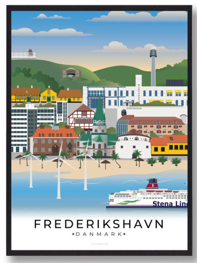 Frederikshavn plakat med en stilfuld illustration af byens havn, gamle fiskerhuse og den naturskønne udsigt over Kattegat, som gør byen unik.