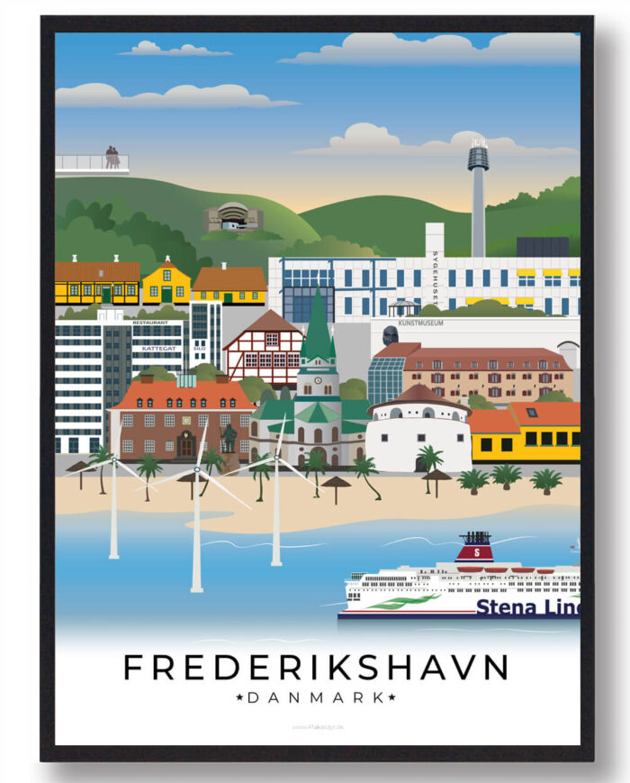 Frederikshavn plakat med en stilfuld illustration af byens havn, gamle fiskerhuse og den naturskønne udsigt over Kattegat, som gør byen unik.