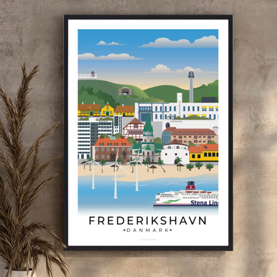 Denne Frederikshavn plakat fanger den maritime atmosfære i byen med både havnens travlhed, de maleriske kystlinjer og moderne bygninger.