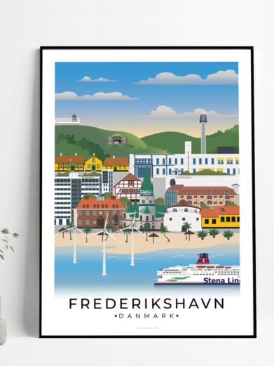 Frederikshavn plakat, der fremhæver byens smukke havn, de charmerende gader og den idylliske beliggenhed ved Kattegat.