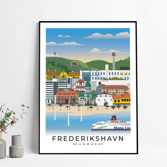 Frederikshavn plakat, der fremhæver byens smukke havn, de charmerende gader og den idylliske beliggenhed ved Kattegat.