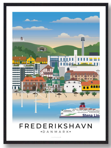 Frederikshavn plakat, der skildrer byens maritime liv med en kombination af moderne arkitektur og den fredfyldte natur langs stranden.