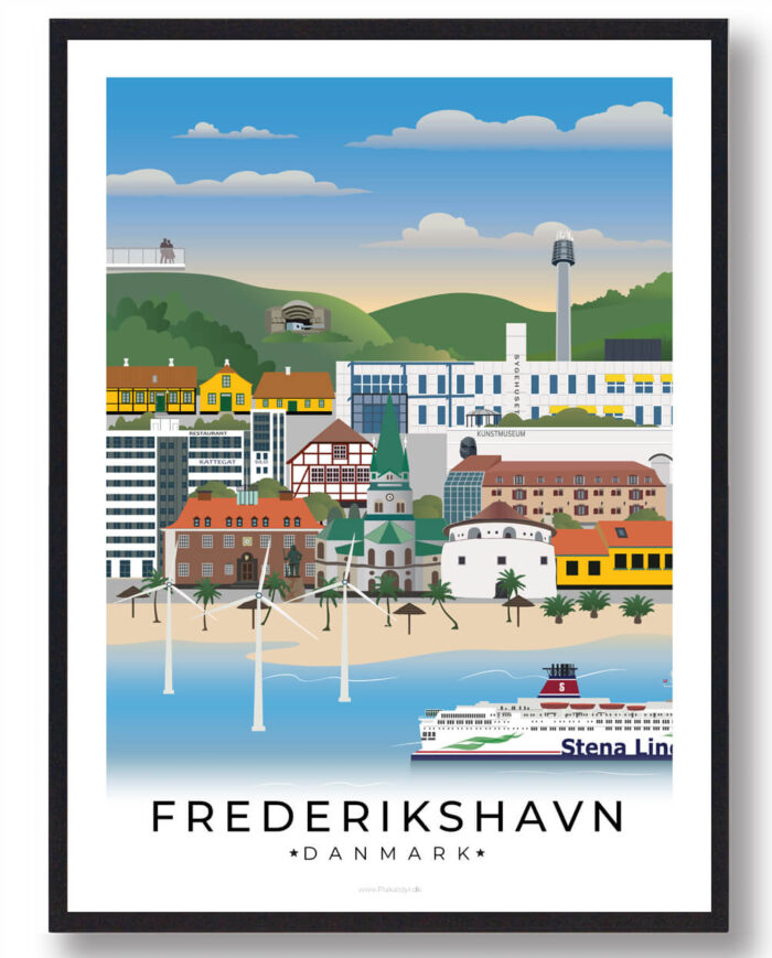 Frederikshavn plakat, der skildrer byens maritime liv med en kombination af moderne arkitektur og den fredfyldte natur langs stranden.