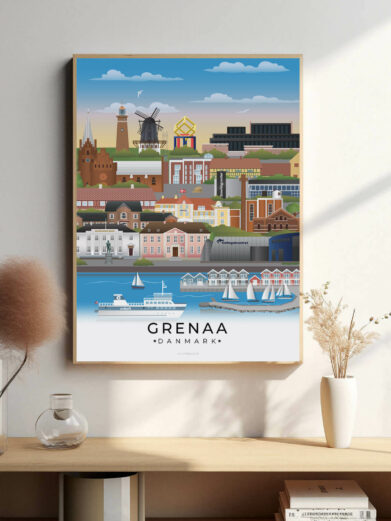 Grenaa bybillede plakat, der viser byens charmerende centrum, den smukke kyst og den maritime stemning ved Kattegatcentret.