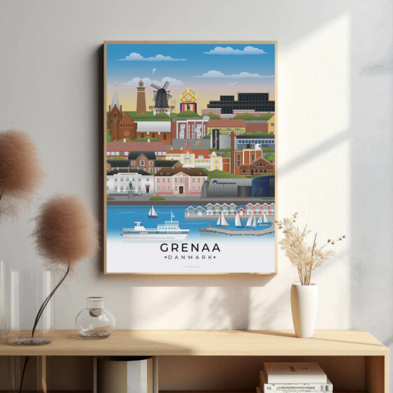 Grenaa bybillede plakat, der viser byens charmerende centrum, den smukke kyst og den maritime stemning ved Kattegatcentret.