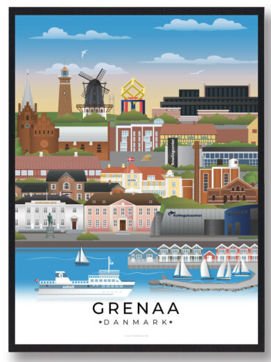 Denne Grenaa plakat skildrer den hyggelige by ved kysten, med fokus på havnen, stranden og de naturskønne omgivelser på Djursland.