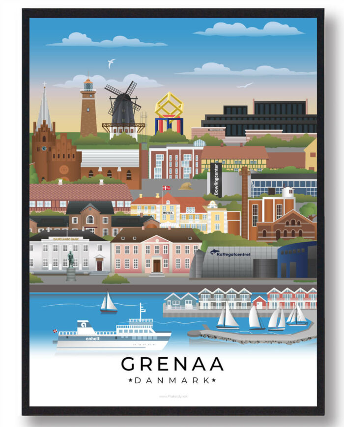 Denne Grenaa plakat skildrer den hyggelige by ved kysten, med fokus på havnen, stranden og de naturskønne omgivelser på Djursland.