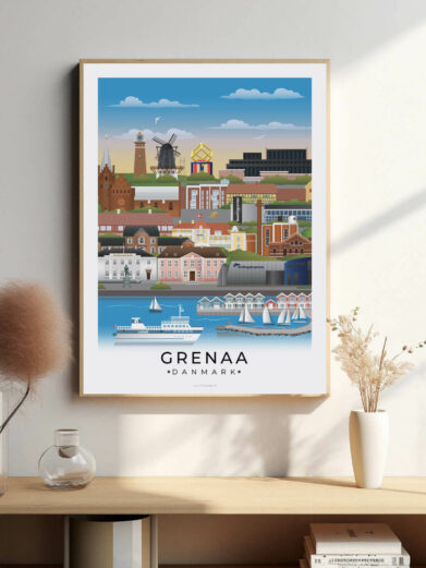 Grenaa bybillede plakat, der fanger byens maritime charme med havnen, hyggelige gader og den smukke kystlinje ved Kattegat.