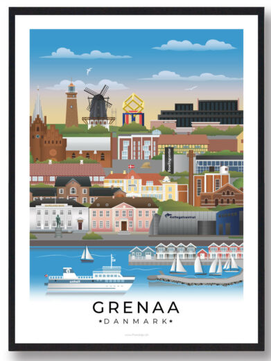 Plakat af Grenaa, der fremhæver byens havnemiljø, farverige bygninger og den rolige stemning i den nordjyske natur.