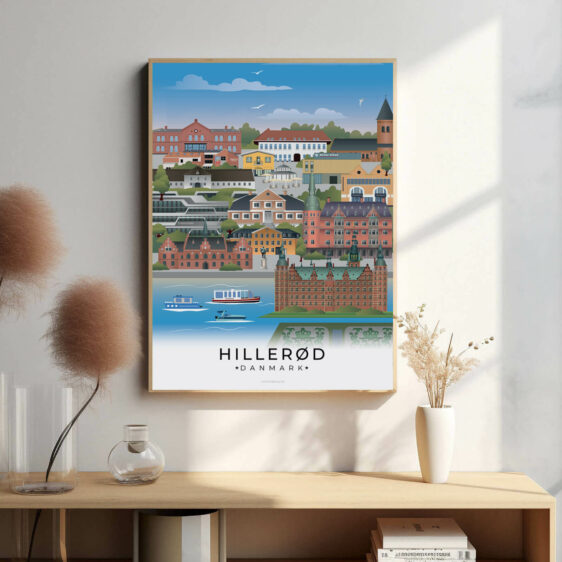 Hillerød bybillede plakat, der viser den majestætiske Frederiksborg Slot, byens hyggelige gader og den naturskønne beliggenhed i Nordsjælland.