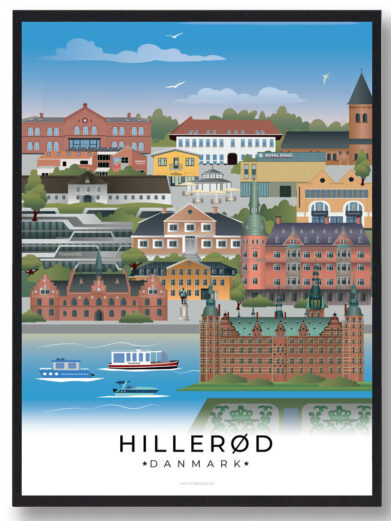 Denne Hillerød plakat skildrer byens skønhed med fokus på det imponerende slot, de smukke omgivelser og den livlige bymidte.