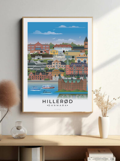 Hillerød bybillede plakat, der fanger byens historiske charme med Frederiksborg Slot, de smukke parker og den idylliske bymidte.