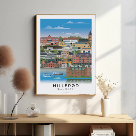 Hillerød bybillede plakat, der fanger byens historiske charme med Frederiksborg Slot, de smukke parker og den idylliske bymidte.