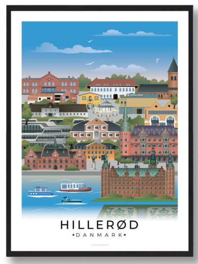 Plakat af Hillerød, der fremhæver byens historiske vartegn, smukke parker og den rolige stemning langs Hillerød Å.