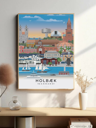 Holbæk bybillede plakat, der viser byens unikke blanding af gamle bygninger og moderne udvikling, med en flot udsigt over fjorden.