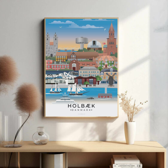 Holbæk bybillede plakat, der viser byens unikke blanding af gamle bygninger og moderne udvikling, med en flot udsigt over fjorden.