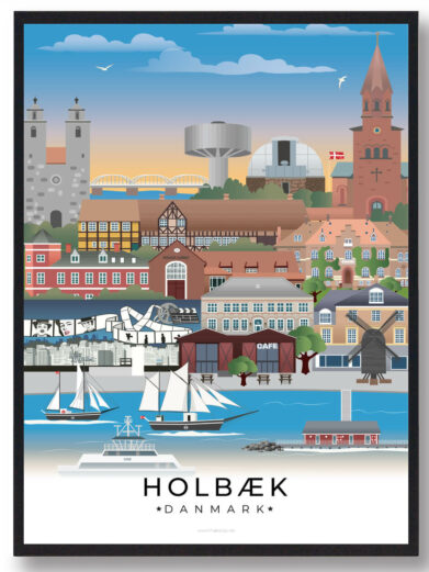 Denne Holbæk plakat skildrer byens smukke havn, de historiske bygninger og den fredelige stemning langs fjorden og de omkringliggende landskaber.