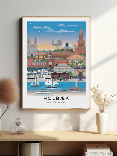 Holbæk bybillede plakat, der fanger byens charmende havn, den smukke natur langs Holbæk Fjord og den livlige bymidte.