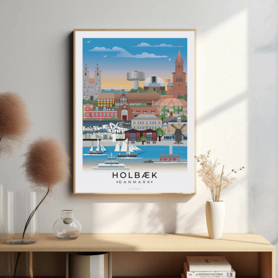 Holbæk bybillede plakat, der fanger byens charmende havn, den smukke natur langs Holbæk Fjord og den livlige bymidte.