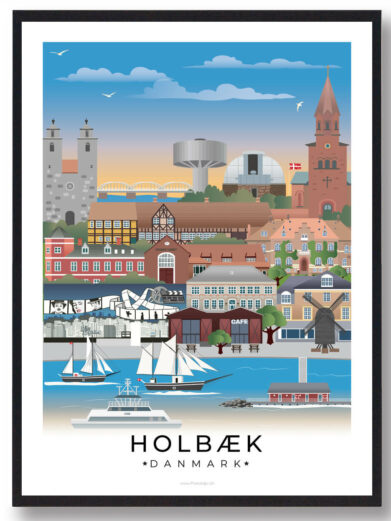Plakat af Holbæk, der fremhæver den maleriske havn, de hyggelige gader og den naturskønne atmosfære langs Holbæk Fjord.