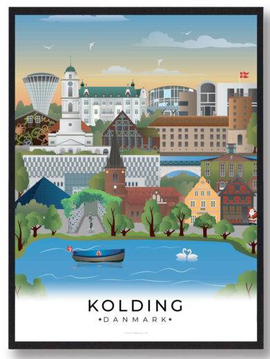 Denne Kolding plakat skildrer byens livlige centrum, med fokus på den smukke havn, Koldinghus slot og den fantastiske natur, der omkranser byen.