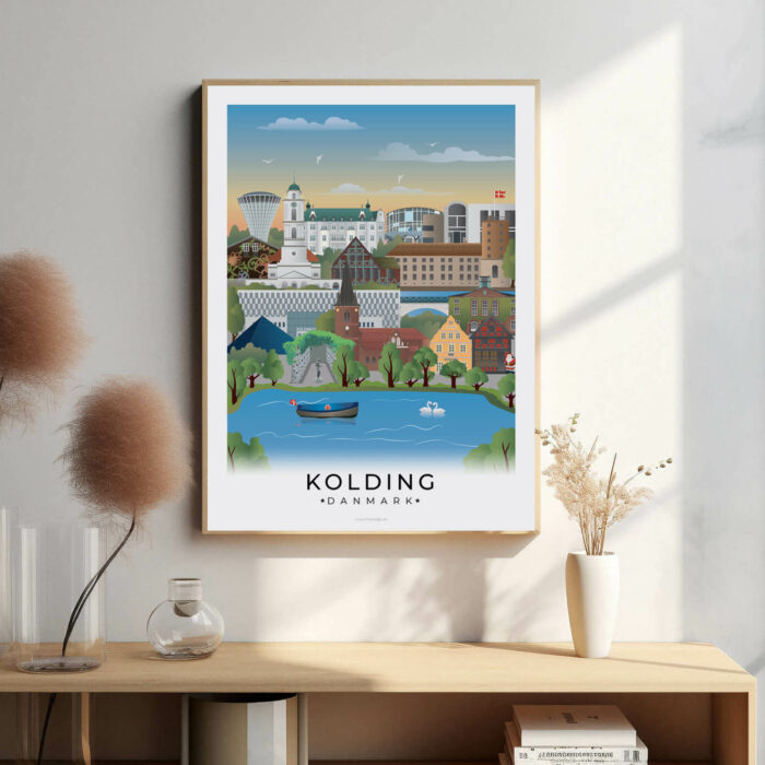 Kolding bybillede plakat, der fremhæver byens imponerende slot, den smukke havn og de moderne bygninger, der præger byens skyline.