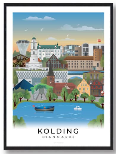 Plakat af Kolding, der skildrer byens smukke natur langs Kolding Fjord og den moderne arkitektur, der skaber en dynamisk byatmosfære.
