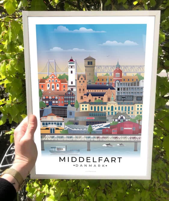 Holbæk byplakat med hvid kant viser farverige bygninger, broer og vand. En stilfuld plakat af Holbæk by.