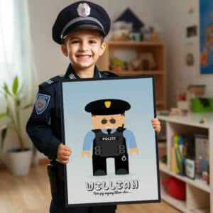 Navneplakat: Dreng i politiuniform holder "Når jeg engang bliver stor"-plakat med navn. Perfekt børneværelsesdekoration.
