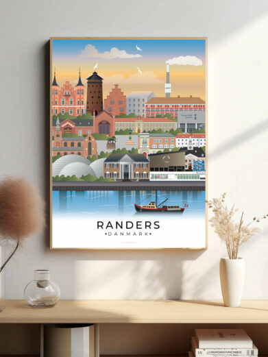 Plakat af Randers bybillede med et stilfuldt udtryk, der illustrerer byens smukke arkitektur og den naturskønne beliggenhed ved Gudenåen.