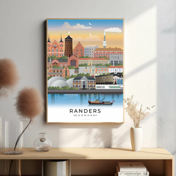 Plakat af Randers bybillede med et stilfuldt udtryk, der illustrerer byens smukke arkitektur og den naturskønne beliggenhed ved Gudenåen.