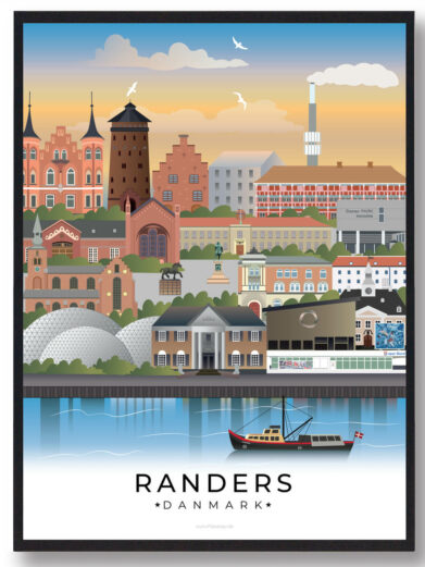 Randers bybillede plakat, der skildrer byens vækst og historiske udvikling, med en smuk udsigt over floden og de omkringliggende grønne områder.