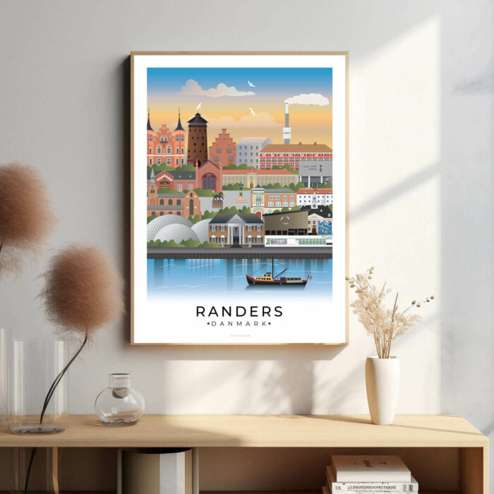 Randers bybillede plakat, der fremhæver byens unikke blanding af moderne bygninger, historiske gader og den smukke natur langs Gudenåen.