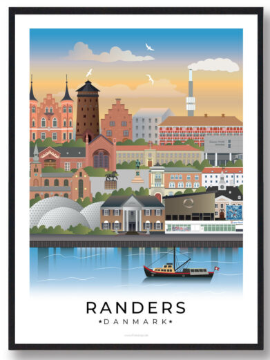 Randers bybillede plakat, der fanger byens dynamik med en blanding af kultur, erhvervsliv og naturskønne områder som Randers Regnskov.