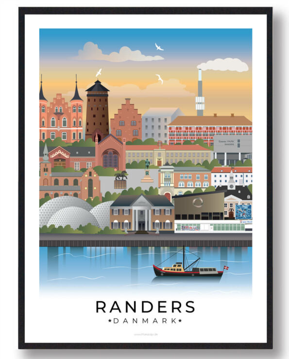 Randers bybillede plakat, der fanger byens dynamik med en blanding af kultur, erhvervsliv og naturskønne områder som Randers Regnskov.