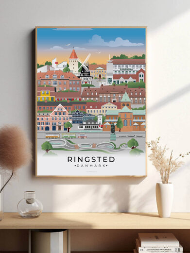 Ringsted bybillede plakat, der skildrer den harmoniske kombination af byens historie og moderne liv, med smukke landskaber omkring byen.